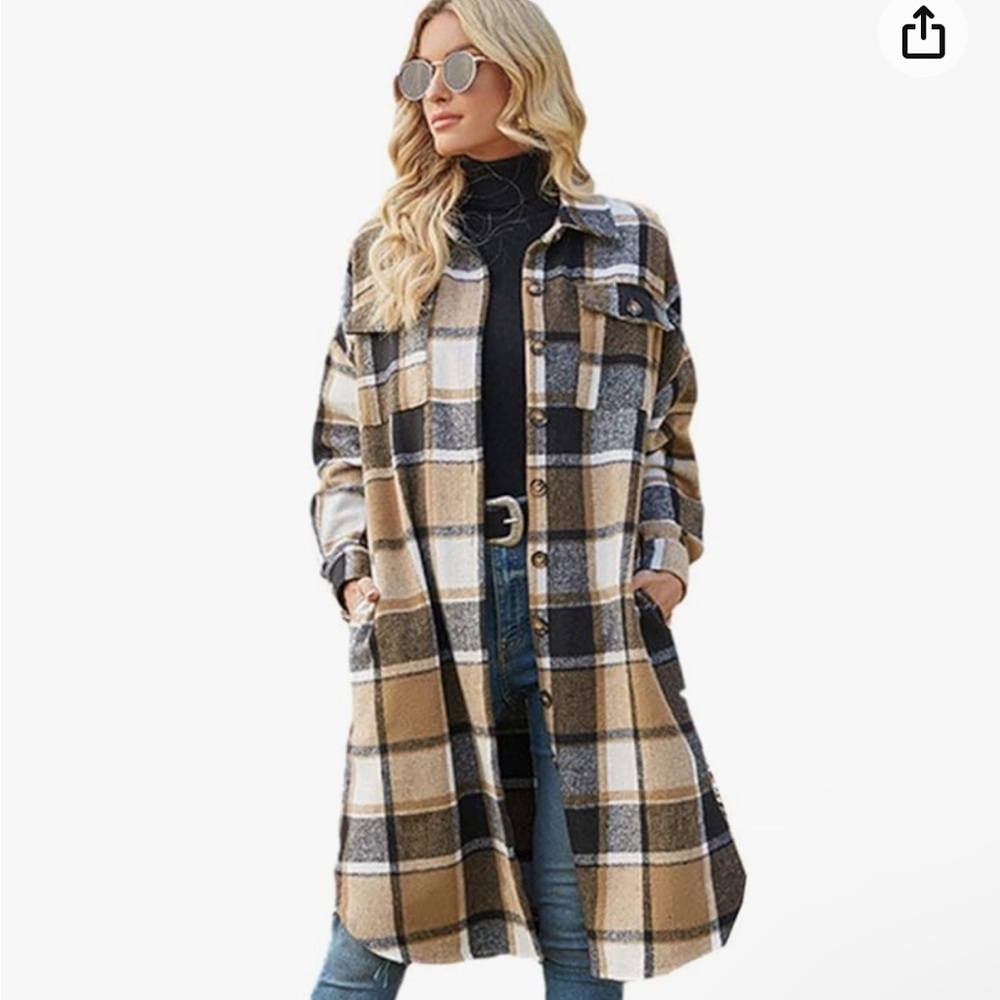 Brown, Black and White Flannel Plaid Long Shacket